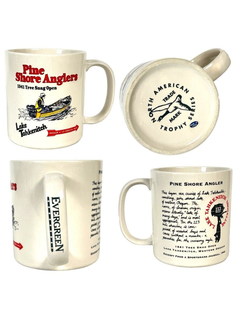 Pine Shore Anglers 1941 Tree Snag Open Coffee Mug Japan Lake Tahkenitch Fishing